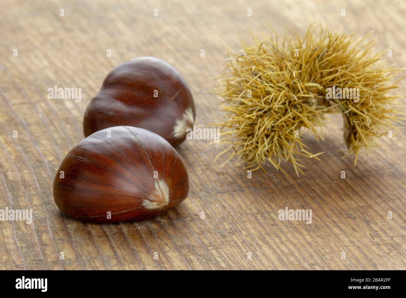 frutta fresca di castagne dolci su un tagliere di legno primo piano Foto Stock