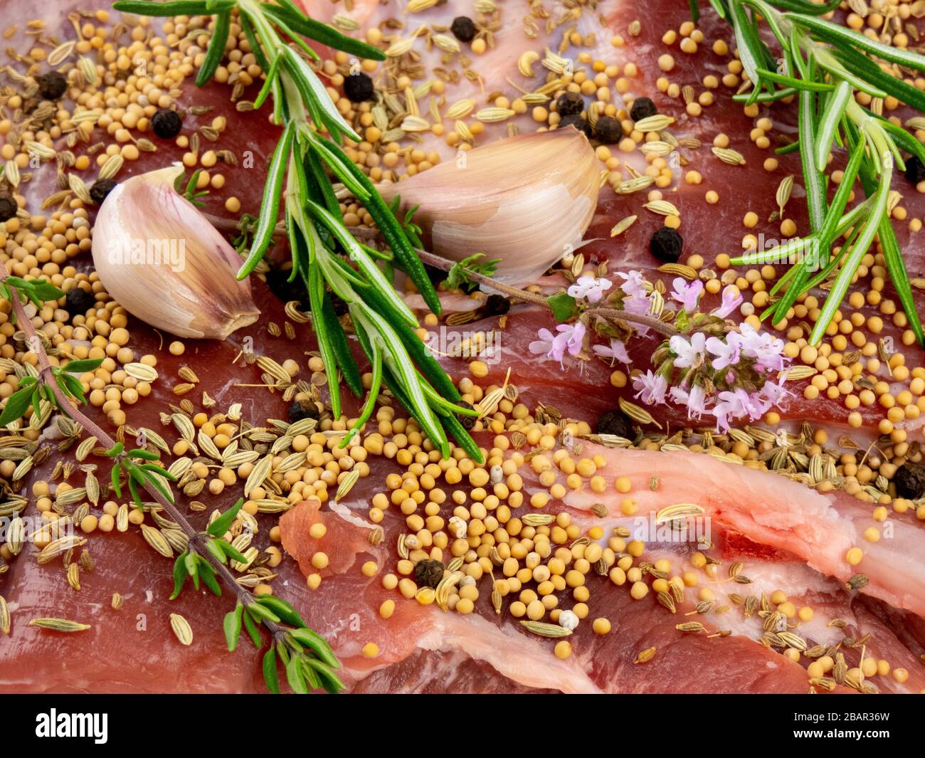 pancia di maiale speziata preparata per la cottura a bassa temperatura di sous vide closeup Foto Stock