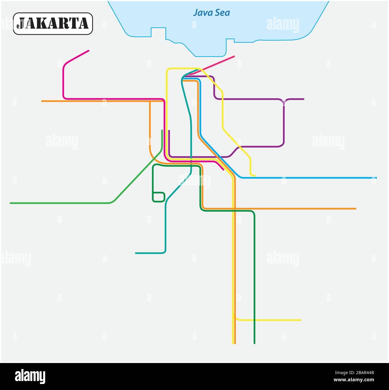 Mappa vettoriale dei sistemi di transito ferroviario della capitale indonesiana Giacarta Illustrazione Vettoriale