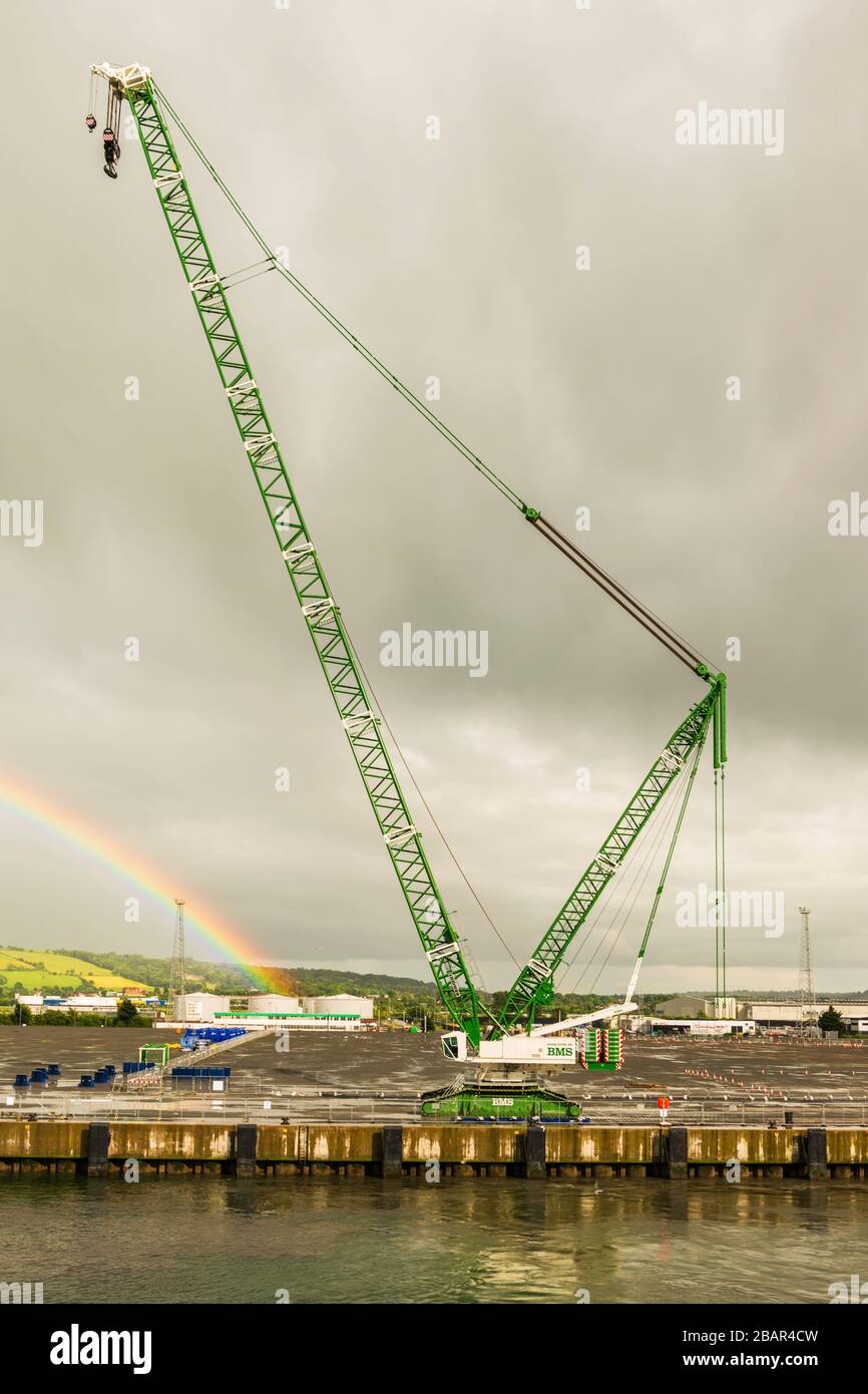 Gru cingolata gigante Liebherr LR, utilizzata per caricare i componenti delle turbine eoliche nel porto di Belfast, Irlanda del Nord, Regno Unito. Foto Stock