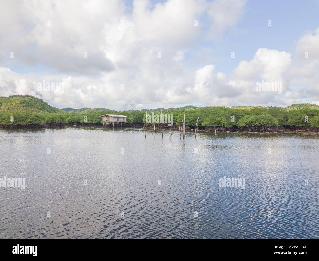 Antenna di casa di pescatori nella foresta di mangrovie Foto Stock
