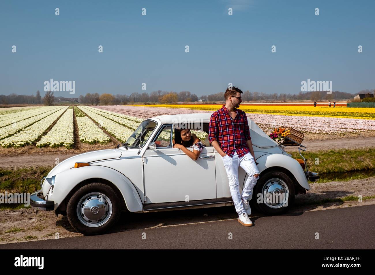 Lisse Olanda Aprile 2019, una classica auto bianca Volkswagen Beetle su un prato fiorito nella regione dei bulbi con fiori primaverili fioriti e. Foto Stock