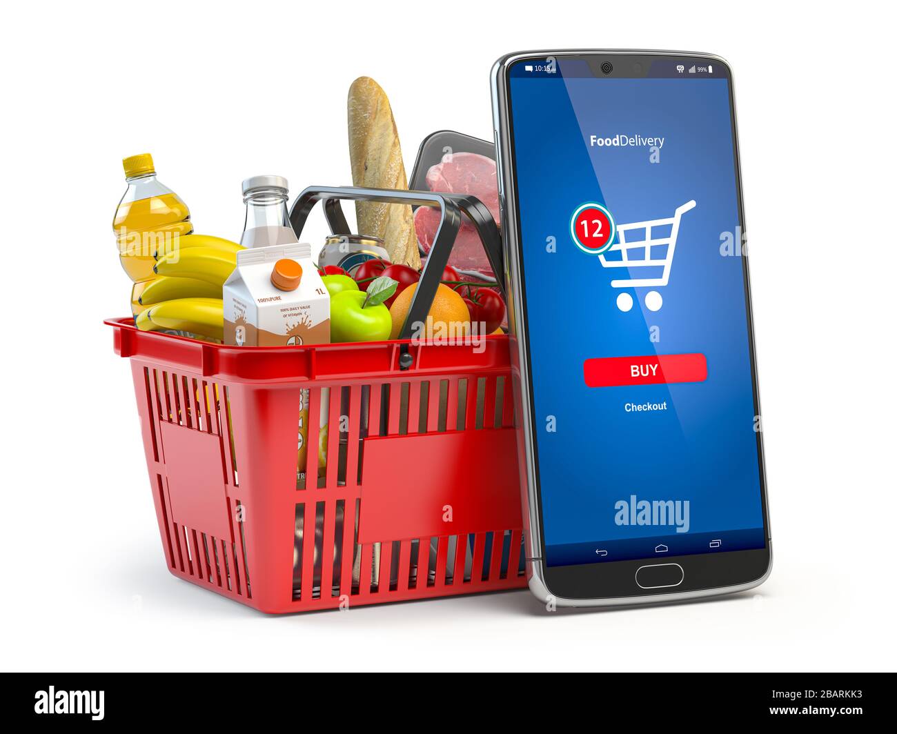 Cestino con cibo fresco isolato su bianco. Supermercato di alimentari, cibo e mangia online acquisto e concetto di consegna. illustrazione 3d Foto Stock