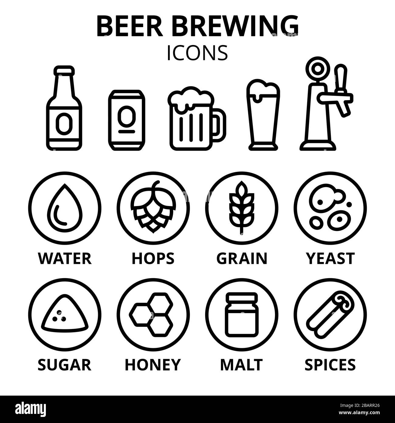 Icona birra impostata. Ingredienti per la produzione di birra, bicchieri e contenitori. Semplici icone di linea, illustrazione vettoriale. Illustrazione Vettoriale