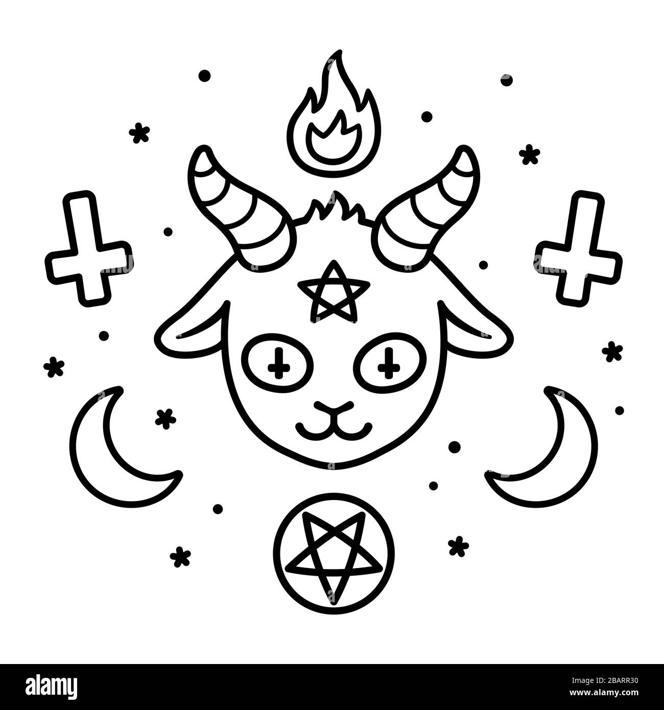 Cute Satana segno disegno, cartone animato diavolo capra testa con pentagramma, fuoco, mezzane lune e croce capovolta. Dootle di simboli satanici in bianco e nero, Illustrazione Vettoriale