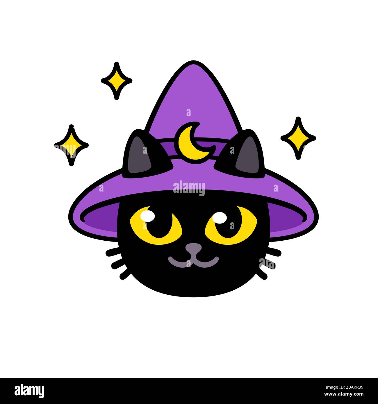 Carino gatto magico cartoon in cappello mago. Divertente testa di carattere nero kitty, illustrazione di clip vettoriali. Illustrazione Vettoriale
