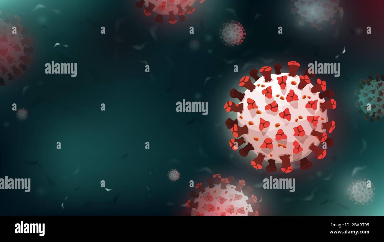 Particelle di coronavirus o COVID-19 su sfondo microscopico verde scuro con spazio di copia Illustrazione Vettoriale