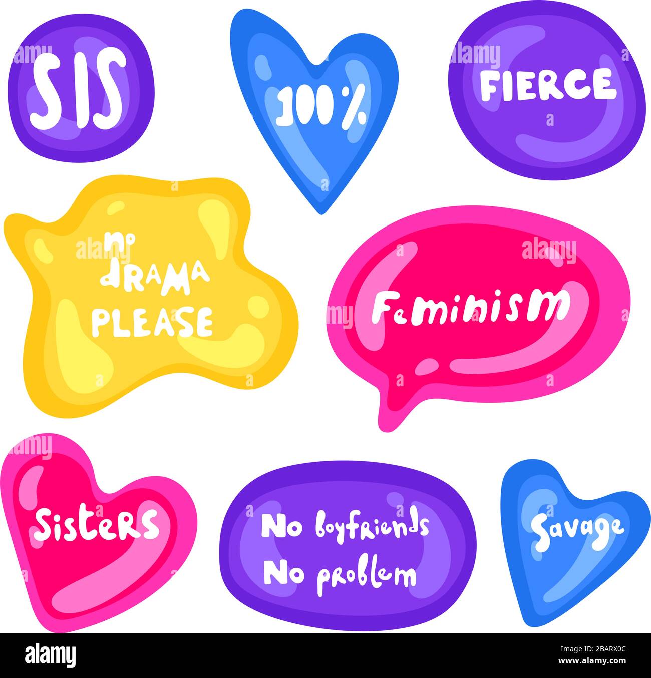 Collezione di adesivi lucidi multicolore vettoriali su sfondo bianco. Set di adesivi su diverse forme. Espressione fredda, discorso, frase. Slang Illustrazione Vettoriale