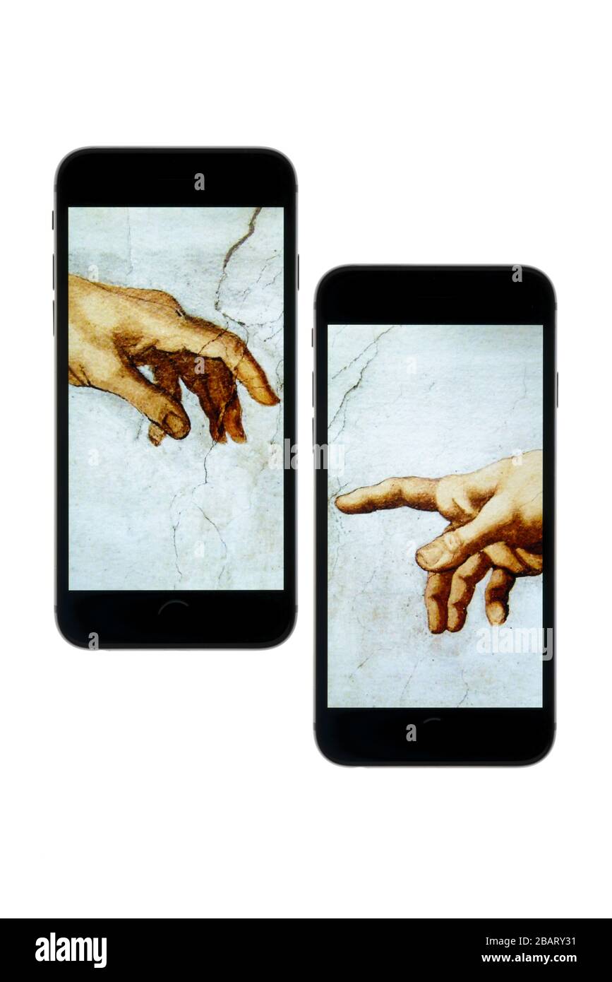 Distanza sociale al momento del virus corona attraverso Michelangelo separazione delle mani controllata tramite il tracciamento dell'app smatphone Foto Stock