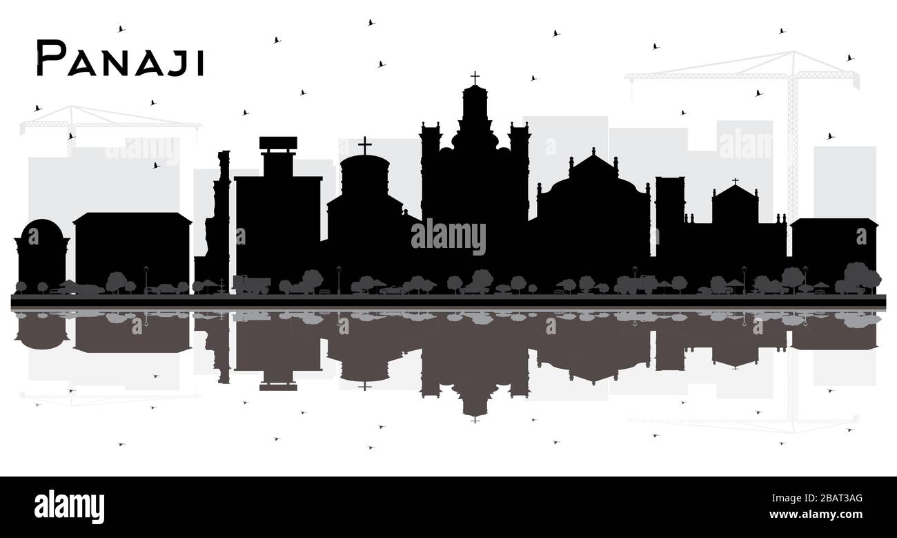 Panaji India City Skyline Silhouette con edifici neri e riflessi isolati su bianco. Illustrazione vettoriale. Illustrazione Vettoriale