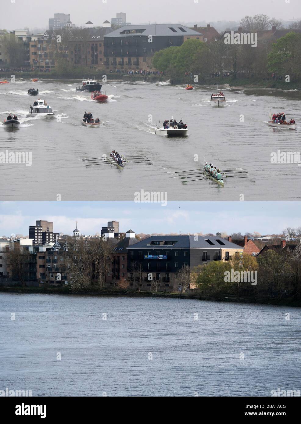 Una foto composita che mostra la 2019 Men's Boat Race (in alto) sul Tamigi, Londra il 07-04-2019 e una vista generale del Tamigi, Londra (in basso) il 29-03-2020. Foto Stock