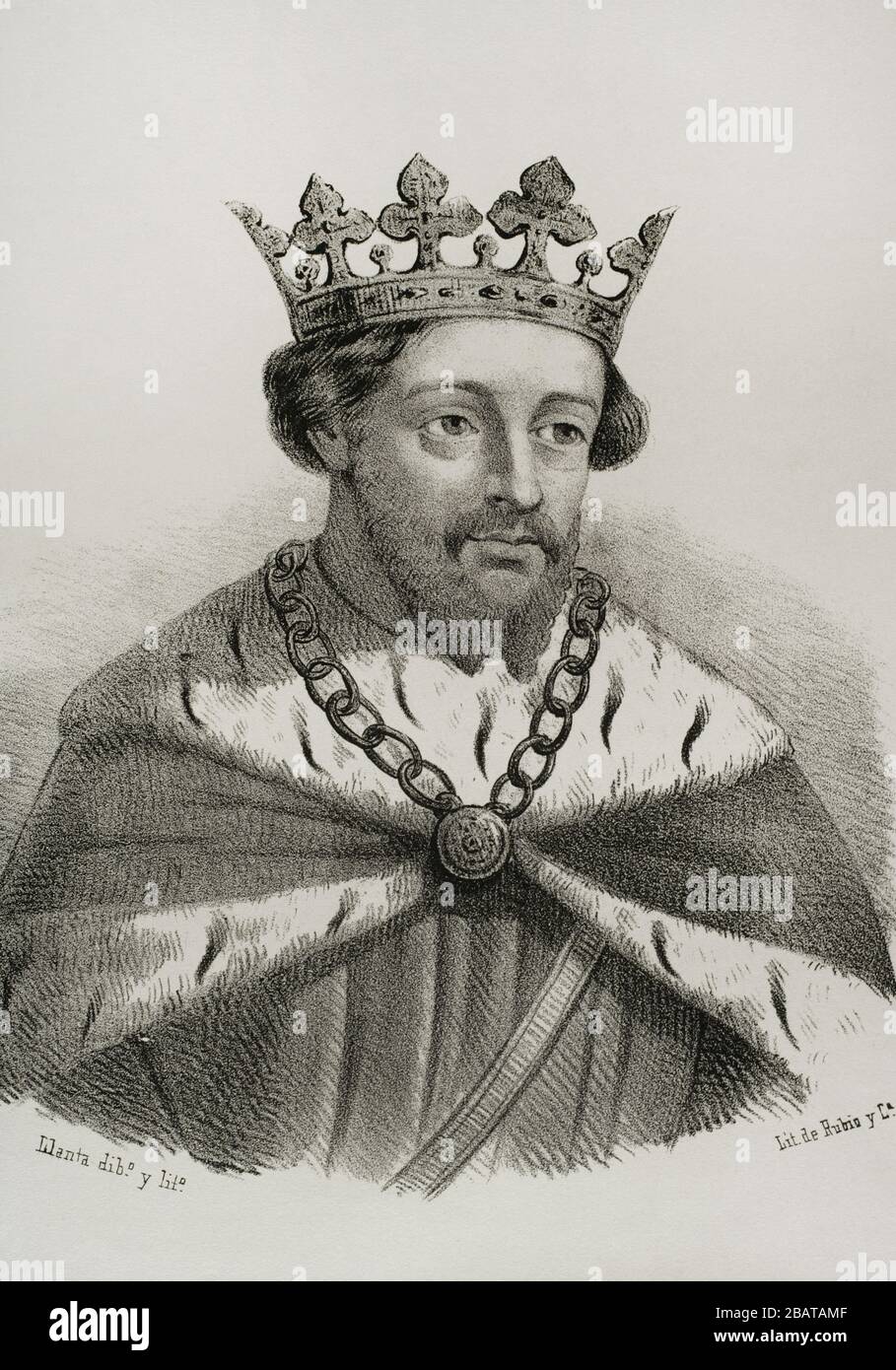 Giacomo i il Conquistatore (1208-1276). Conte di Barcellona e Re d'Aragona (1213-1276), Valencia (1239-1276) e Maiorca (1229-1276). Illustrazione di Santaigo Llanta. Verticale. Litografia. Cronica General de España, Historia Ilustrada y Descriptiva de sus Provincias. Aragona, 1866. Foto Stock