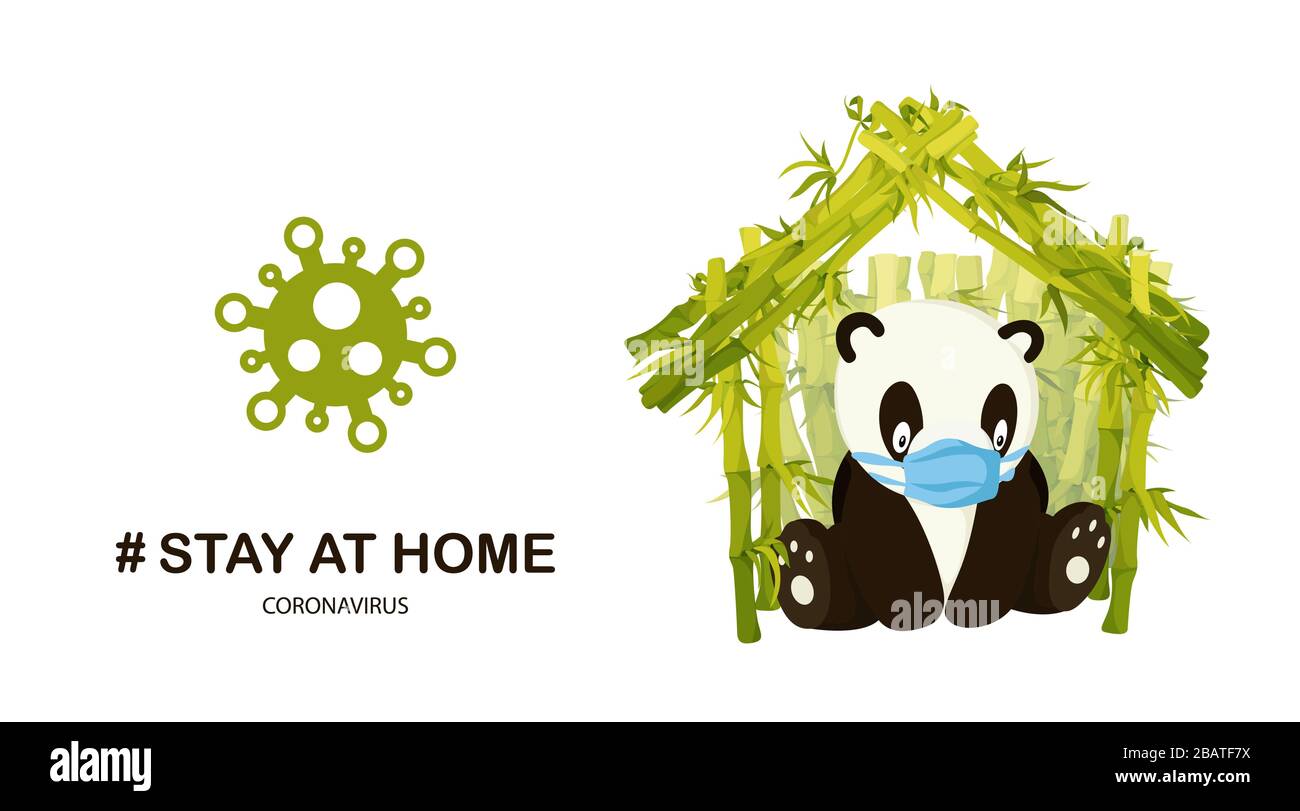 Stay Home Poster print con Cartoon Panda illustrazione del personaggio Illustrazione Vettoriale