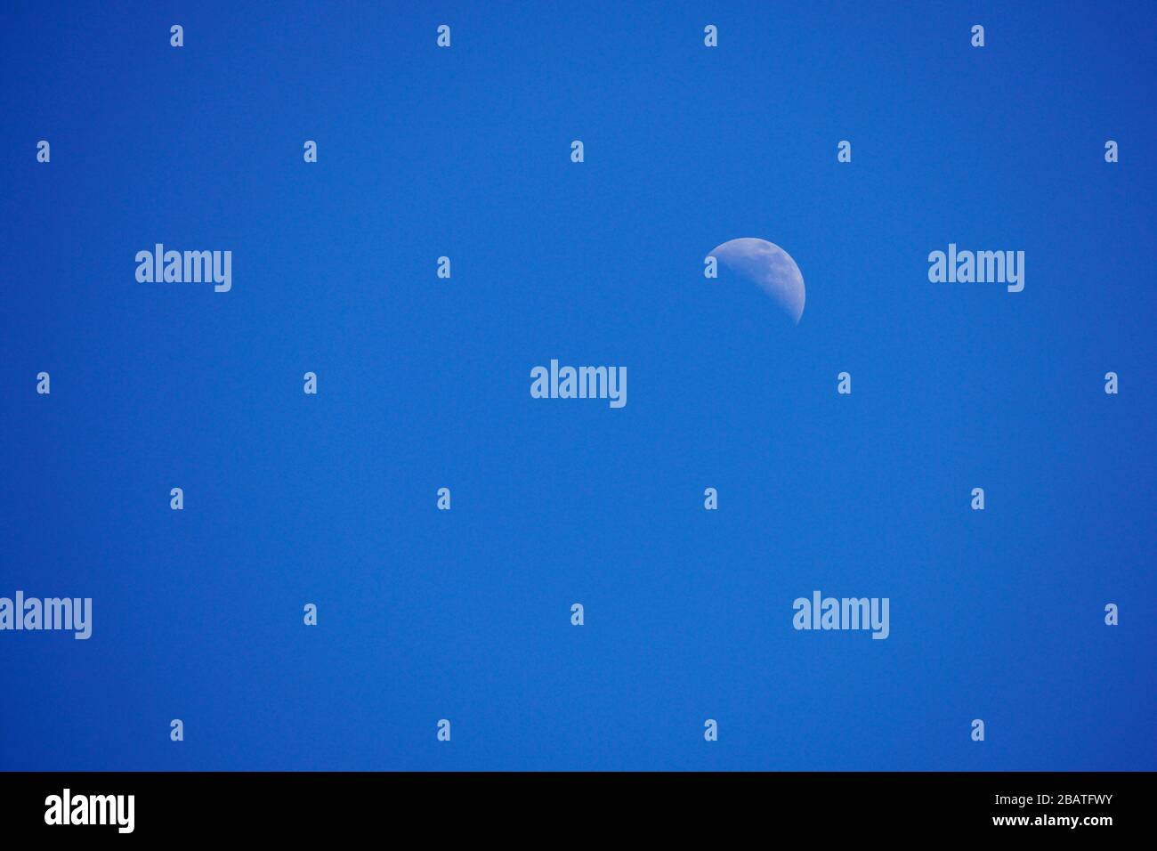 Mezzaluna in un cielo sereno e blu del pomeriggio Foto Stock