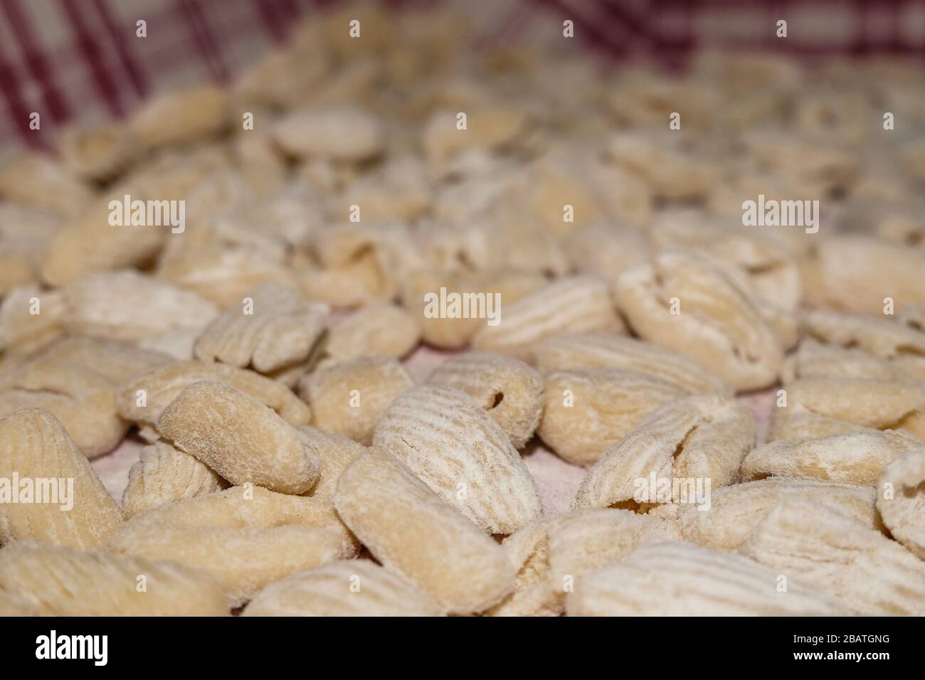 Closeup di gnocchi italiani fatti a mano, cibo genuino gustoso, cucina casalinga Foto Stock