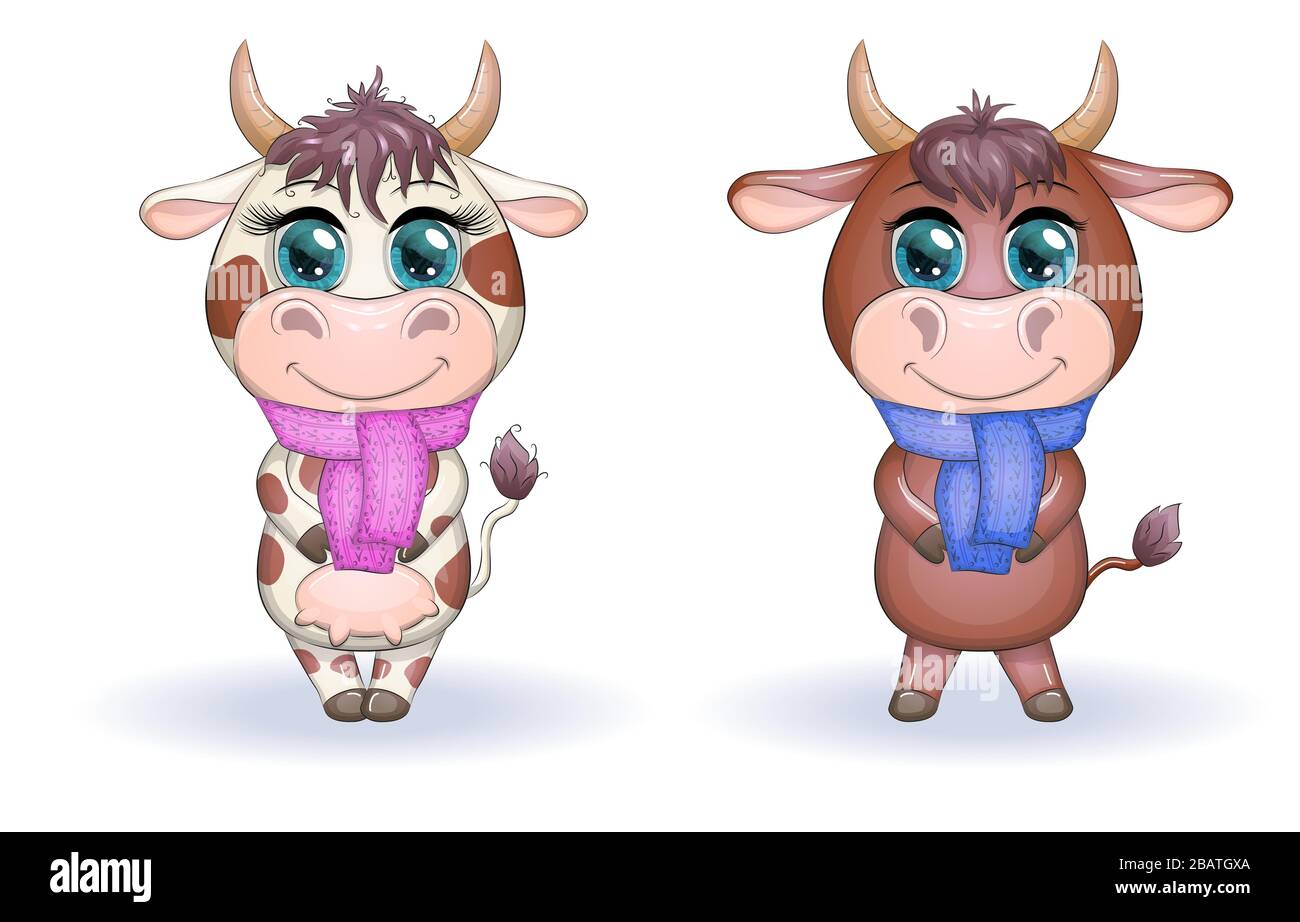 Cute cartone animato coppia mucca e toro con sciarpe con bellissimi occhi  grandi. Simbolo dell'anno 2021 secondo il calendario cinese Immagine e  Vettoriale - Alamy