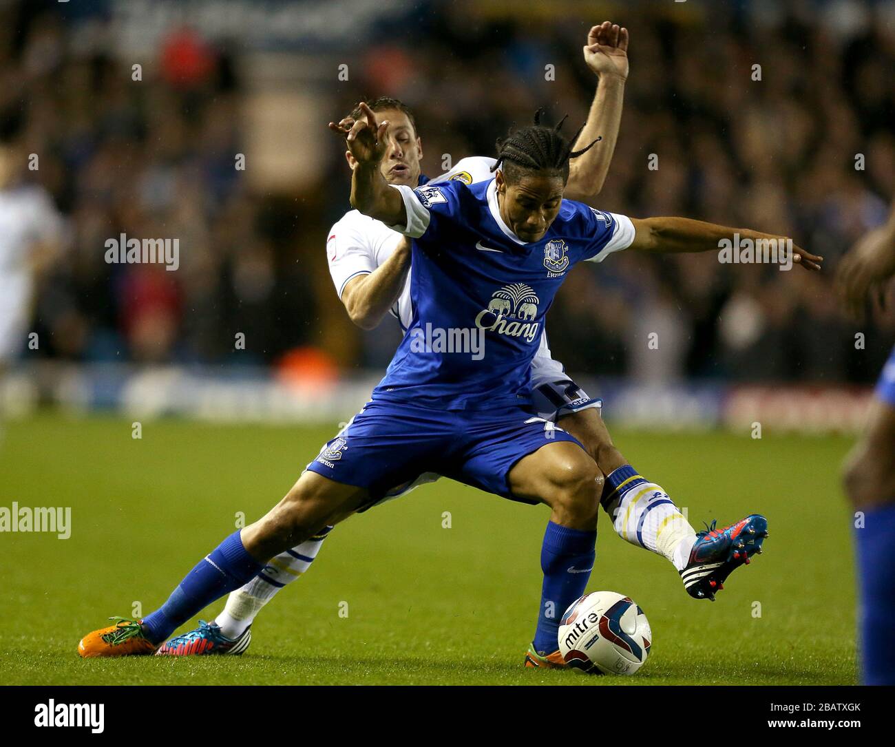 Michael Brown del Leeds United (a sinistra) e Steven Pienaar di Everton combattono per la palla Foto Stock