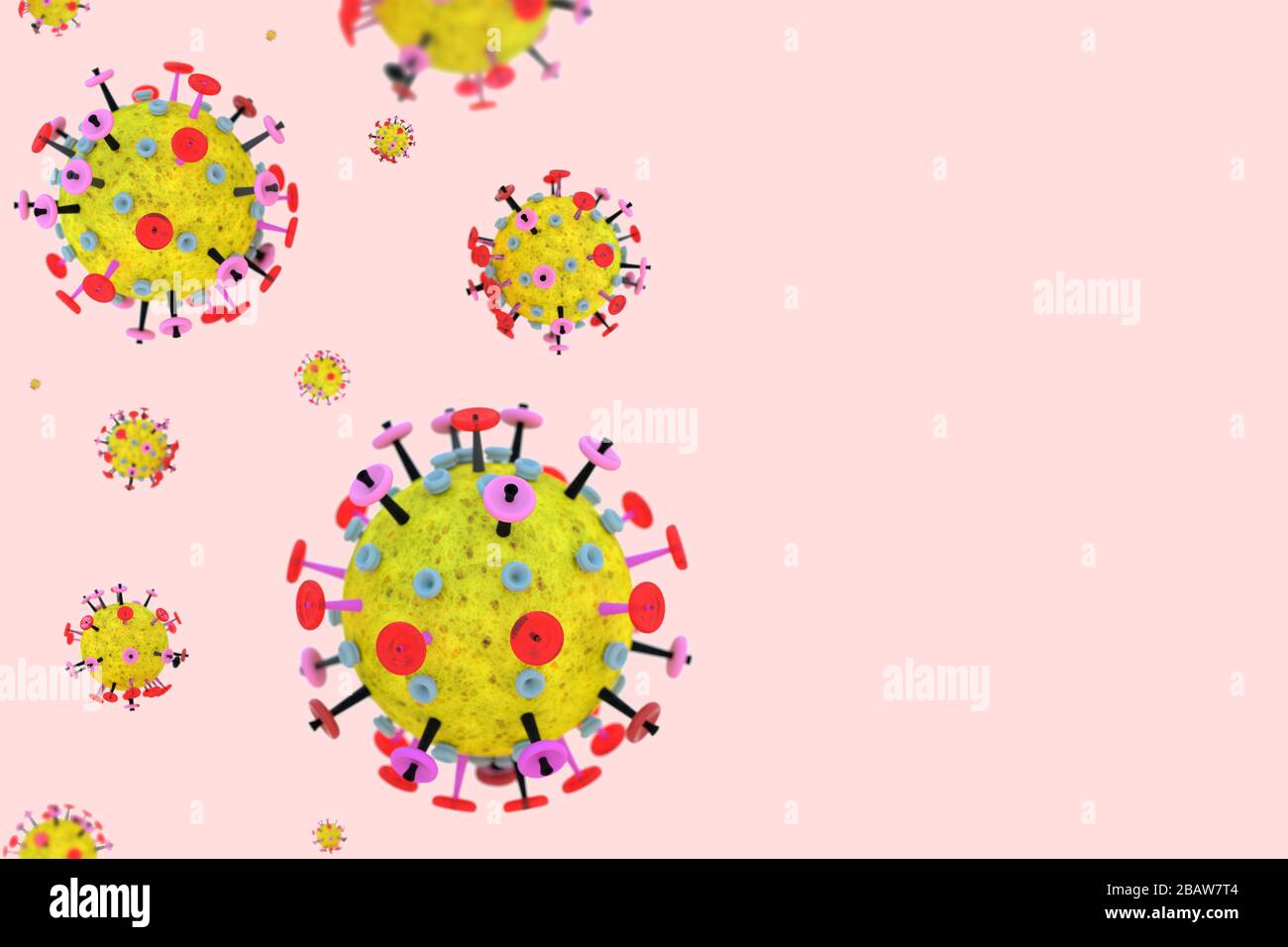 Cellule di coronavirus su sfondo rosa con spazio di copia. Giallo rosso microscopico 3D molecola modello di virus influenzale. Concetto di COVID-19, SARS-Cov-2 Foto Stock