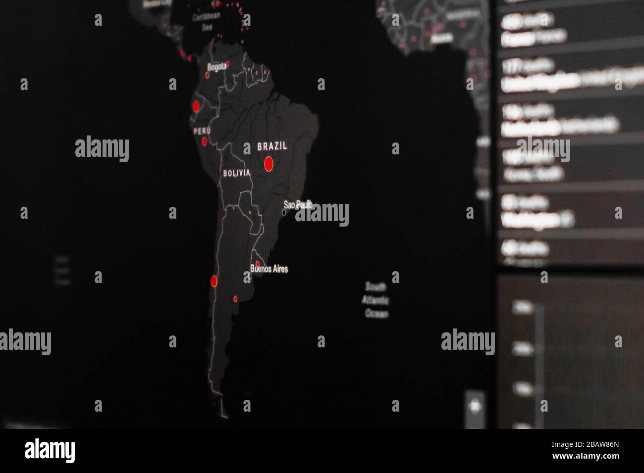 Brasile mappa di Coronavirus, SARS-Cov-2. Casi confermati di coronavirus nel mondo. Report in tutto il mondo sulla diffusione di COVID-19, SAN Foto Stock