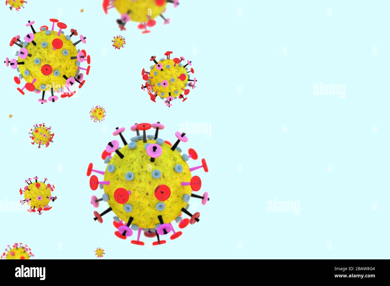 Cellule di coronavirus su un bacgkround blu con spazio di copia. Giallo rosso microscopico 3D molecola modello di virus influenzale. Concetto di COVID-19, SARS-Cov-2 Foto Stock