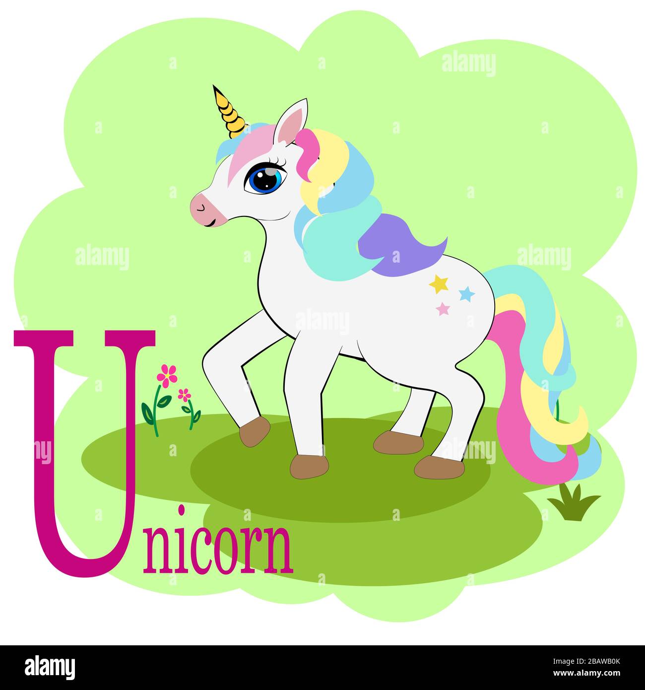 U per l'alfabeto abc animale unicorno Illustrazione Vettoriale