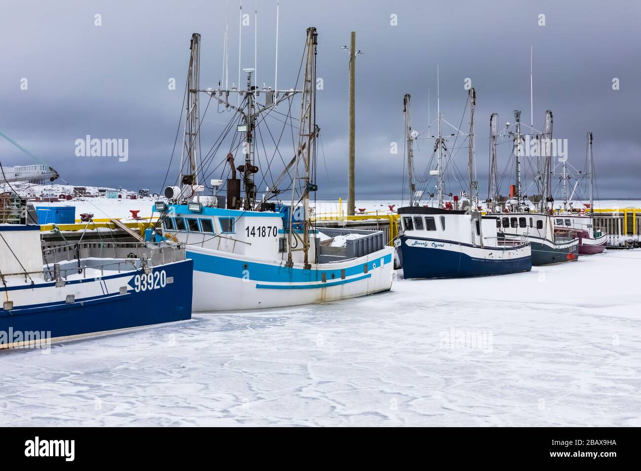 Barche da pesca congelate nel ghiaccio invernale nel porto di Joe Batt's Arm, Terranova, Canada [Nessuna release di proprietà; disponibile solo per licenze editoriali] Foto Stock