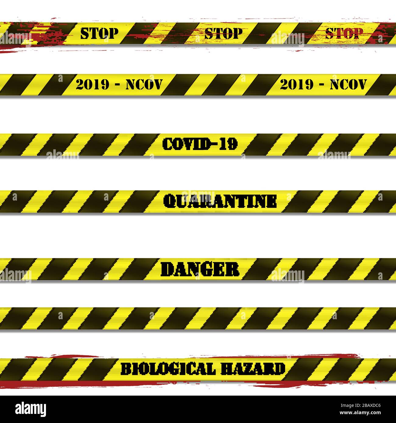Illustrazione vettoriale. Strisce restrittive con le parole quarantena, covid-19, pericolo e stop con ombra e sangue splatter su uno sfondo bianco Illustrazione Vettoriale