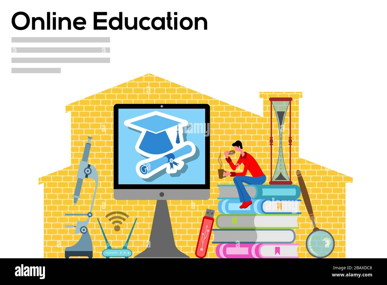 Formazione online con computer in ufficio. Tutti gli oggetti, le ombre e lo sfondo sono in livelli diversi e i tipi di testo non necessitano di alcun carattere Illustrazione Vettoriale