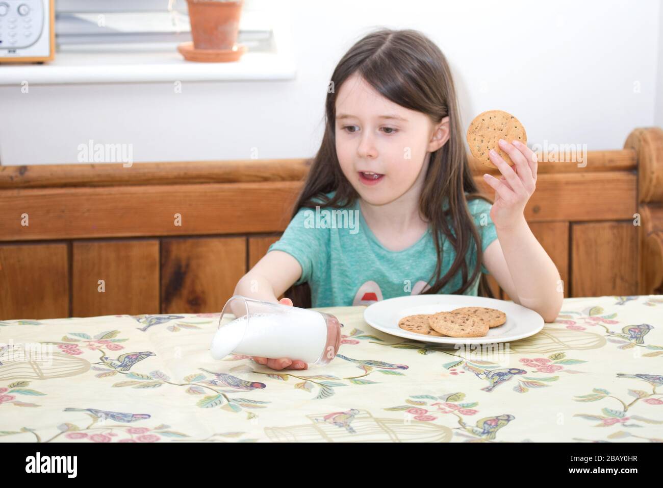 La ragazza giovane che spargeva il latte sedette al tavolo della cucina Foto Stock