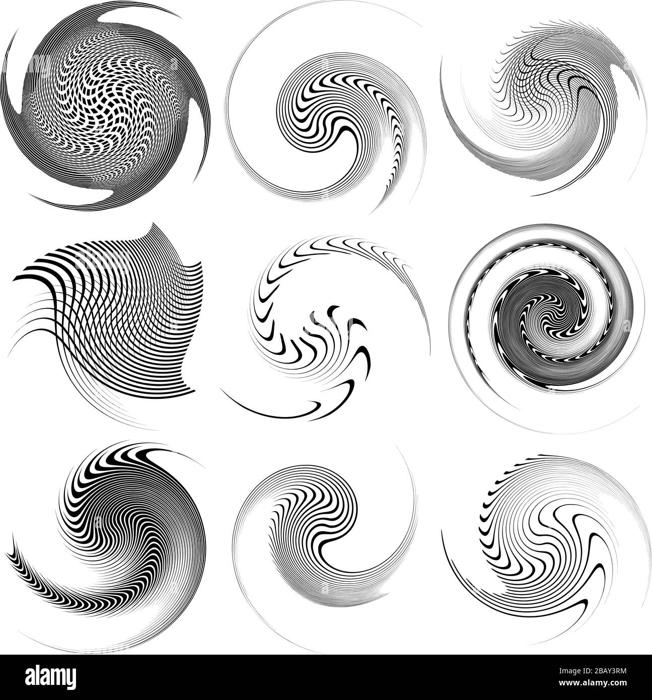 Set di vortice bianco e nero, forme a volute. Elementi elicoidali ritorti Illustrazione Vettoriale