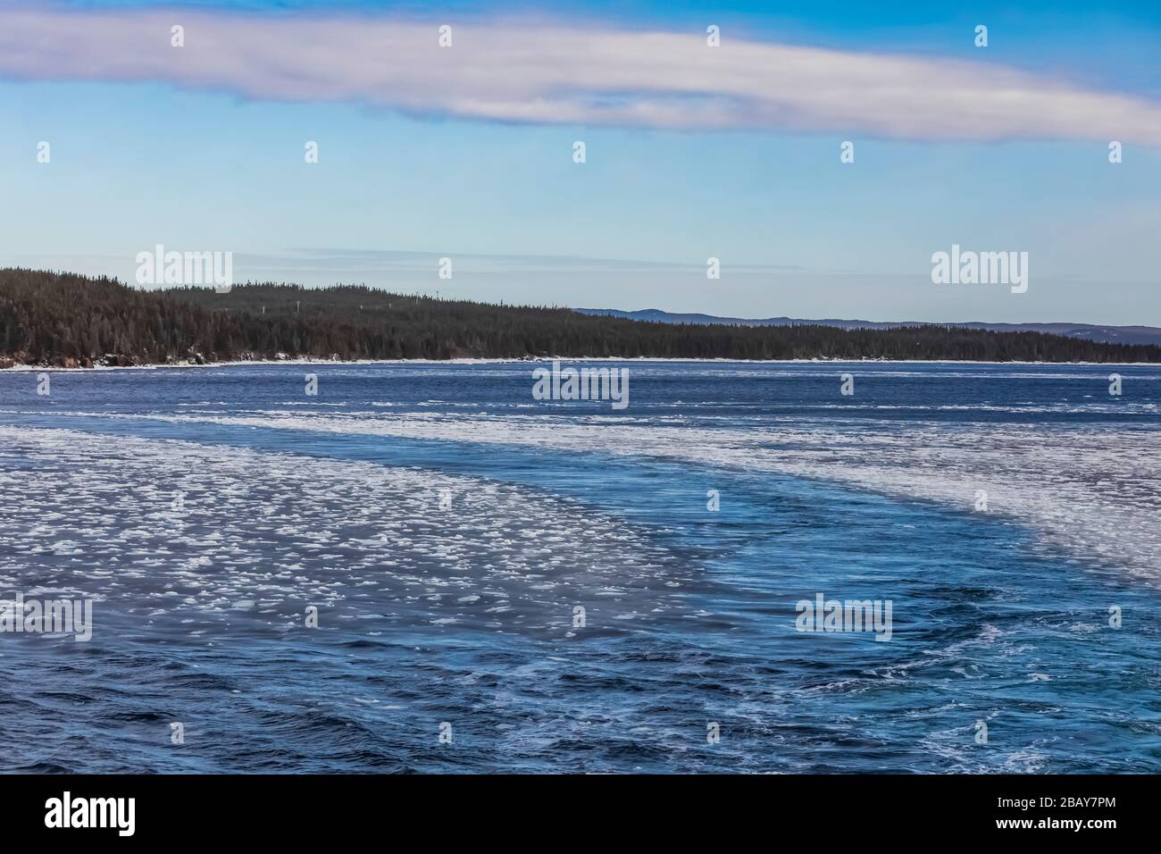 In traghetto in inverno, con ghiaccio in acqua, da Addio alle isole Change e Fogo a Terranova, Canada Foto Stock