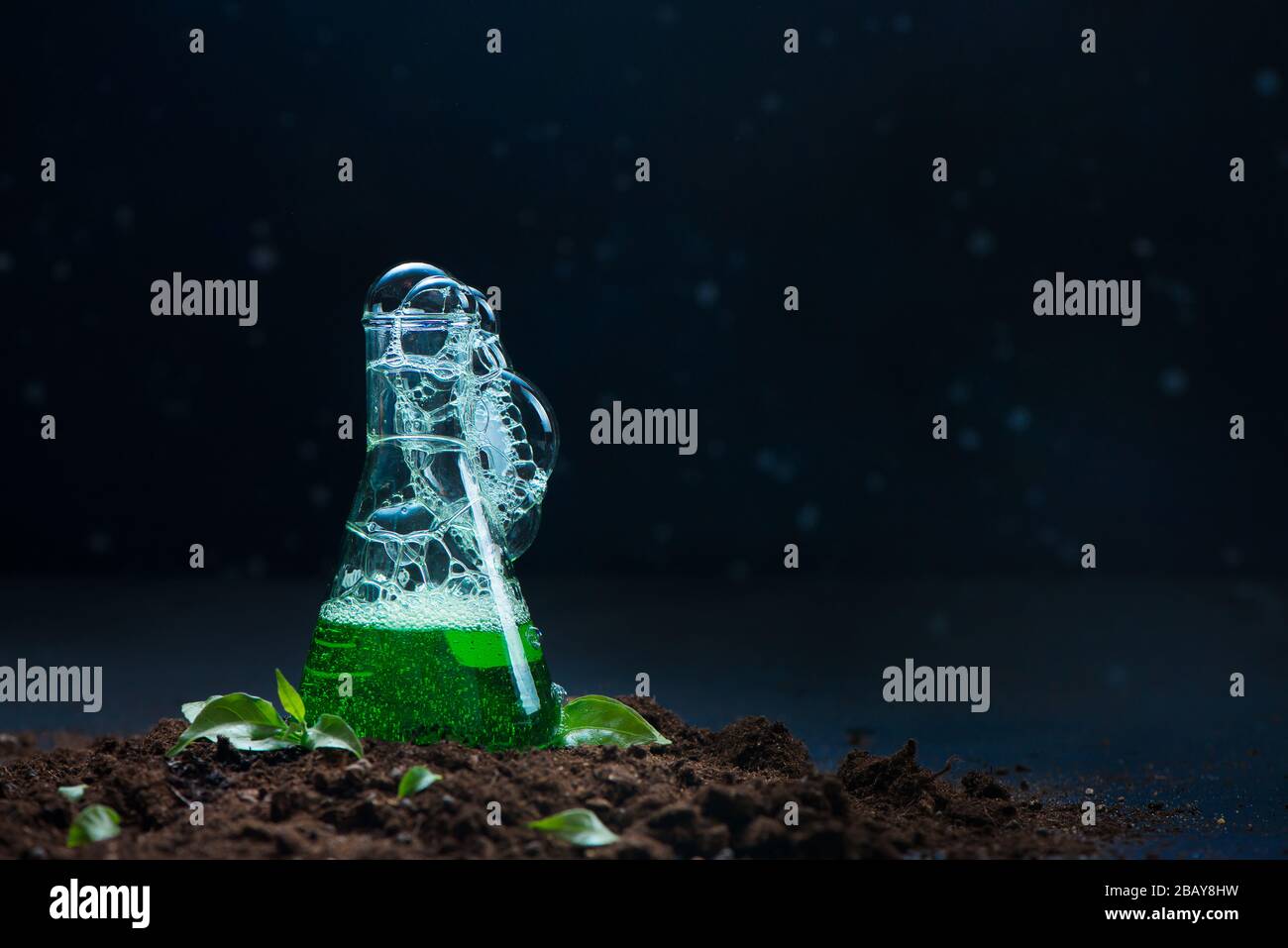 Sostanze chimiche utilizzate nella testata di giardinaggio, matraccio da laboratorio con liquido verde con Foto Stock