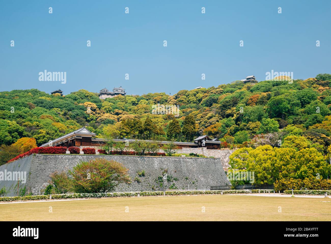 Matsuyama castello e parco a Matsuyama, Shikoku, Giappone Foto Stock