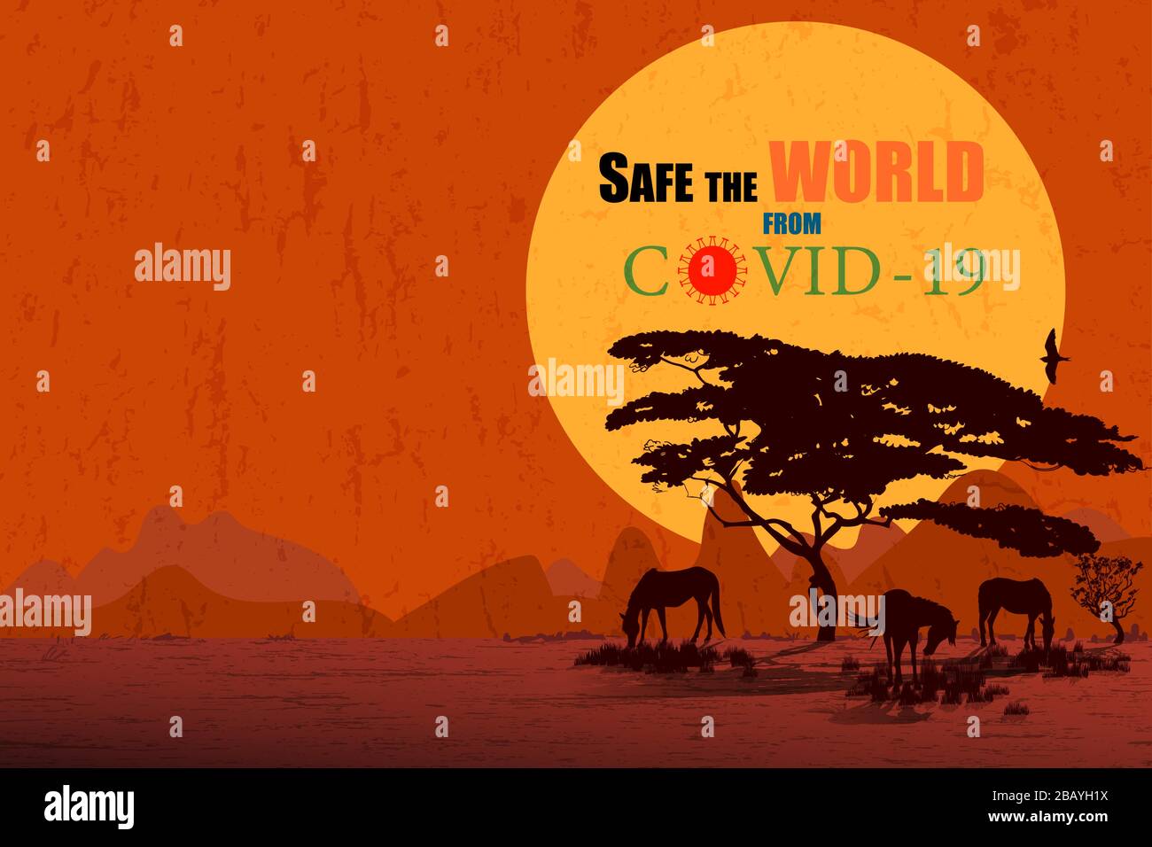 Sicuro il mondo da covid - 19, Coronavirus, testo nel grande sole sta cadendo dietro il campo con la montagna e la silhouette di albero e cavallo mangiare gra Illustrazione Vettoriale