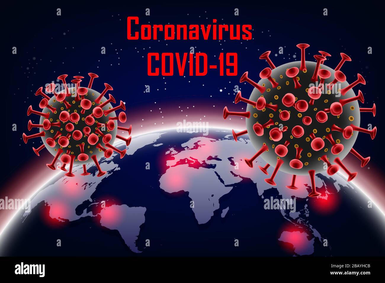 Virus Corona 2019-ncov con terra. Malattia del virus di Wuhan, Coronavirus dalla Cina in tutto il mondo. Illustrazione del vettore della molecola rossa a cellule di coronavirus. Illustrazione Vettoriale