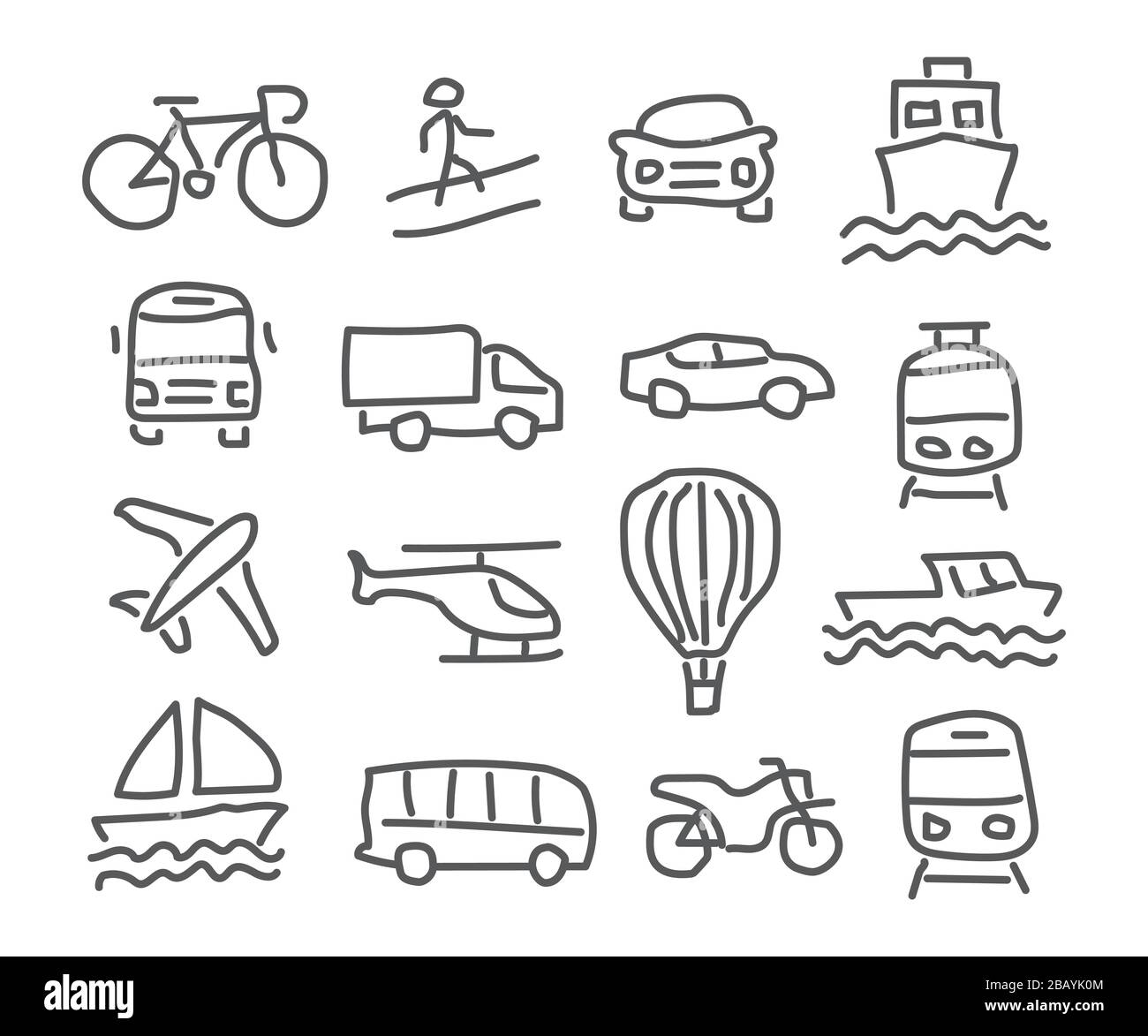 Icone di trasporto in stile disegnato a mano su sfondo bianco. Illustrazione Vettoriale