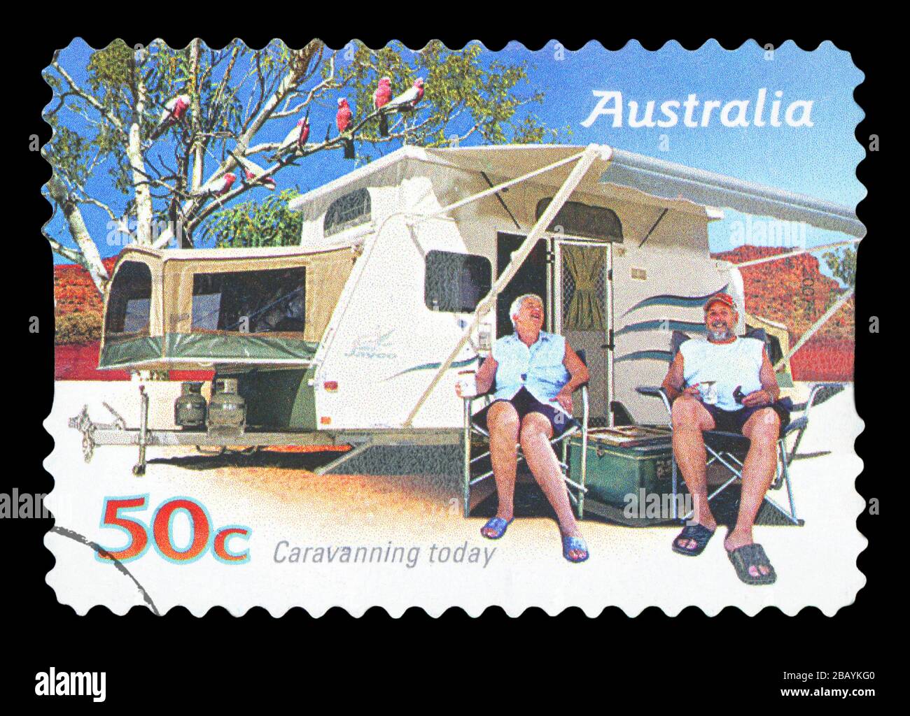 Australia - CIRCA 2007: Un francobollo stampato in Australia mostra Famiglia godendo di una carovana, caravanning oggi, circa 2007 Foto Stock
