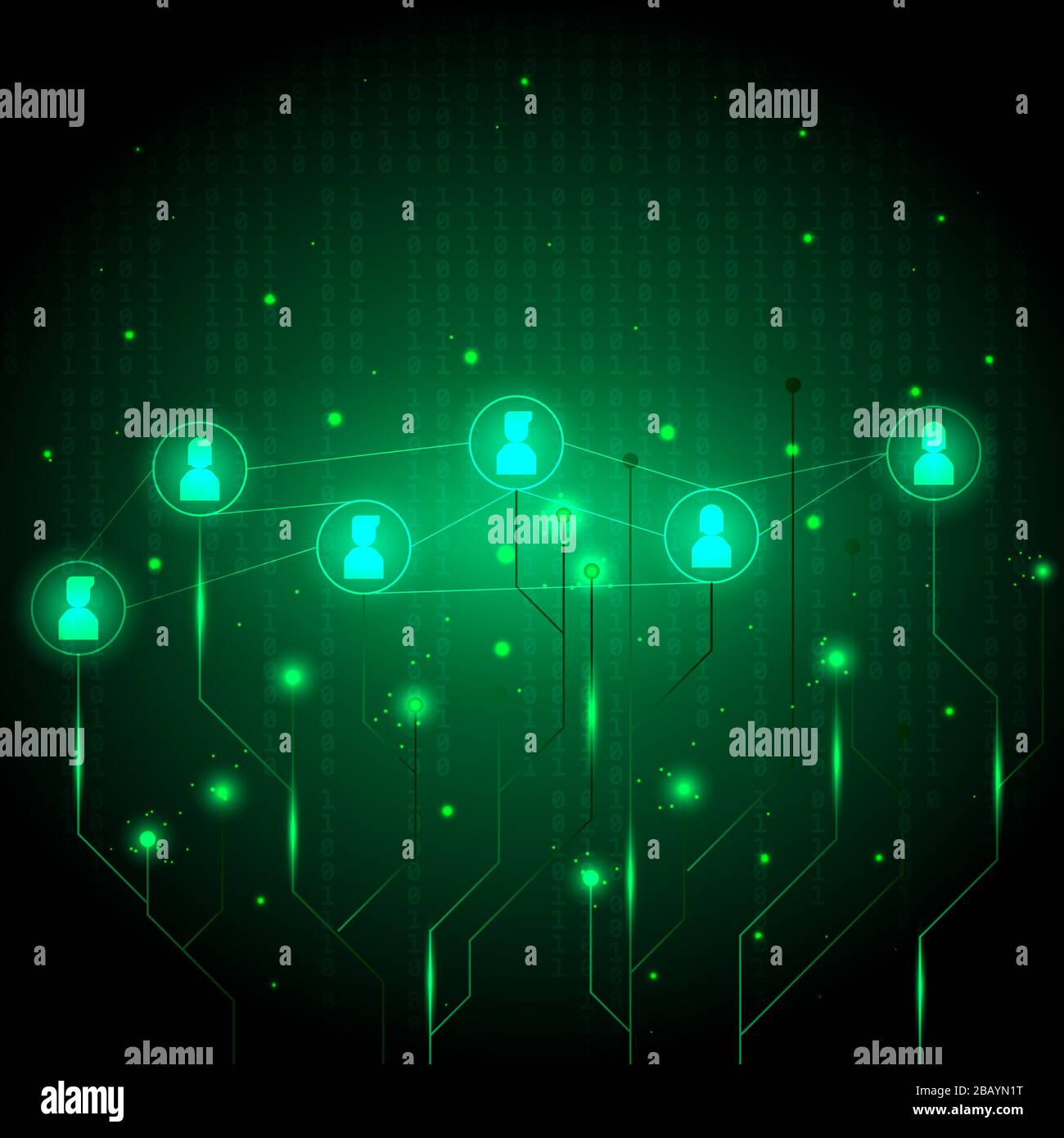 Tecnologia astratta e vettore di concetto di comunicazione con pattern a circuito luminoso, icona umana brillante, effetto di scintilla verde e sfondo di codice binario. Illustrazione Vettoriale