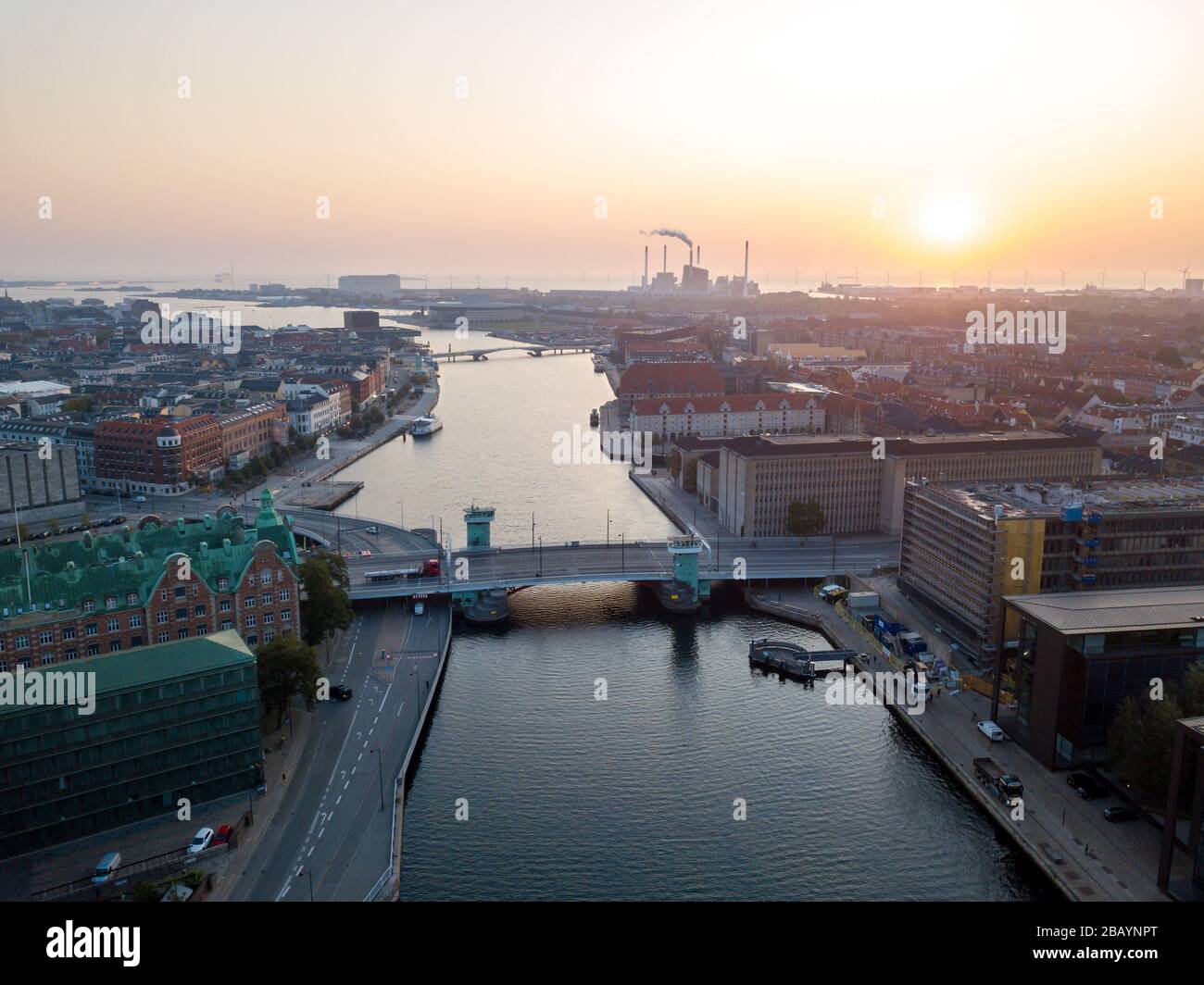 Copenhagen Harbour Sunrise Drone View Foto Stock