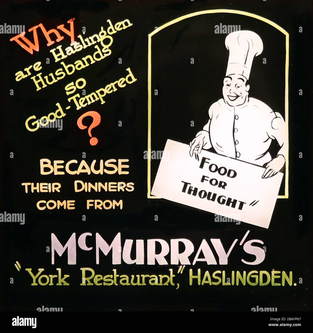 Pubblicità cinematografica per McMurray's Restaurant, Haslingden, 1940s Foto Stock