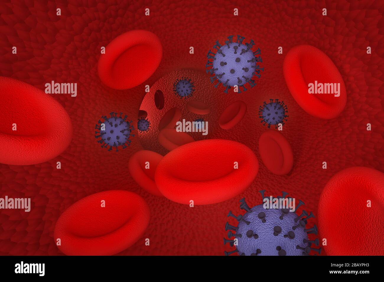 Il sangue infettato da coronavirus scorre attraverso un vaso (vista interna) - illustrazione rappresentata da 3d Foto Stock