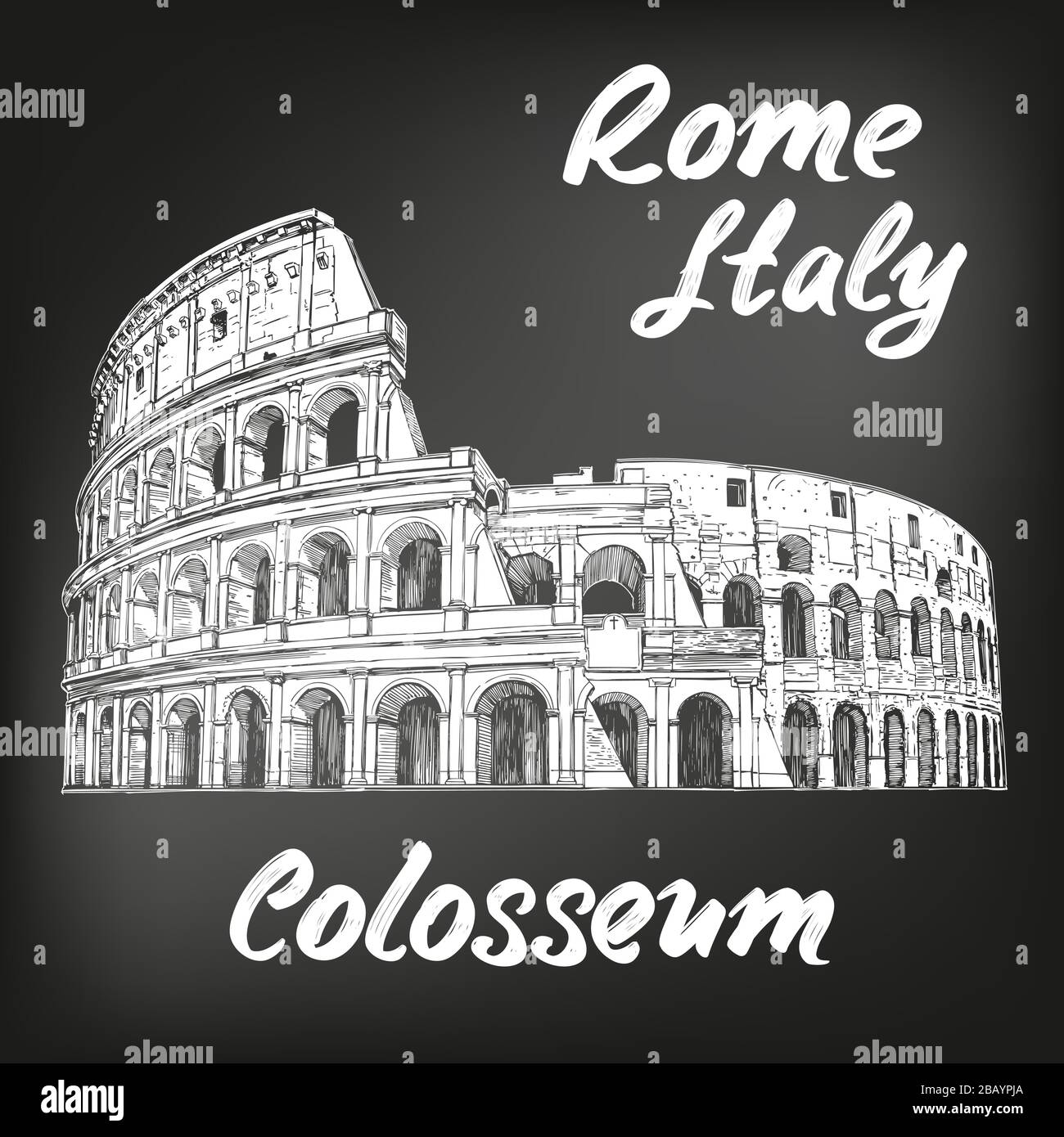 Colosseo, un antico anfiteatro, un monumento storico architettonico di Roma, Italia. Disegno vettoriale disegnato a mano, disegnato in gesso su un Illustrazione Vettoriale