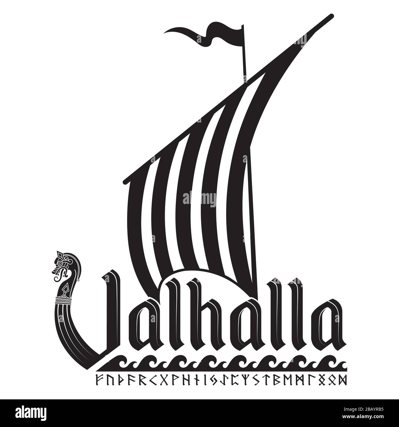 Design vichingo. Antica nave Vichinga scandinava decorata con una testa di drago e l'iscrizione Valhalla Illustrazione Vettoriale