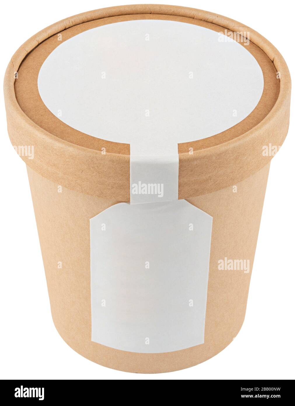 Secchio di carta artigianale con etichette bianche isolate su bianco. Conservazione per alimenti, liquidi, gelati Foto Stock