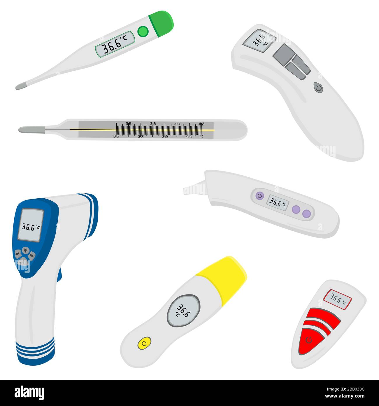 Illustrazione sul tema Set diversi tipi di termometri per la prevenzione  del coronavirus. Termometro composto da accessorio med con prevenzione  coronavi Immagine e Vettoriale - Alamy