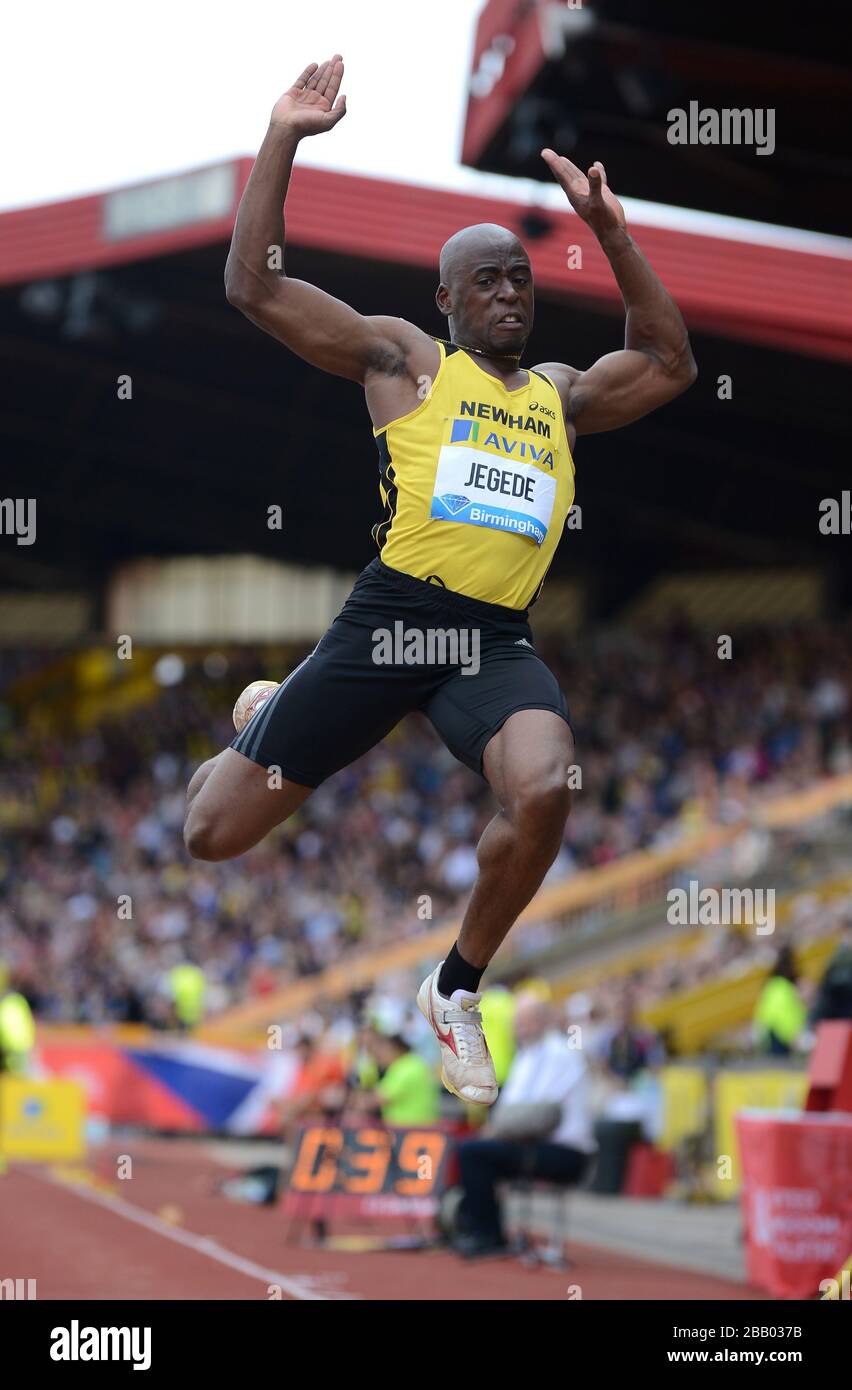 JJ Jegede della Gran Bretagna in azione durante il concorso Long Jump Foto Stock