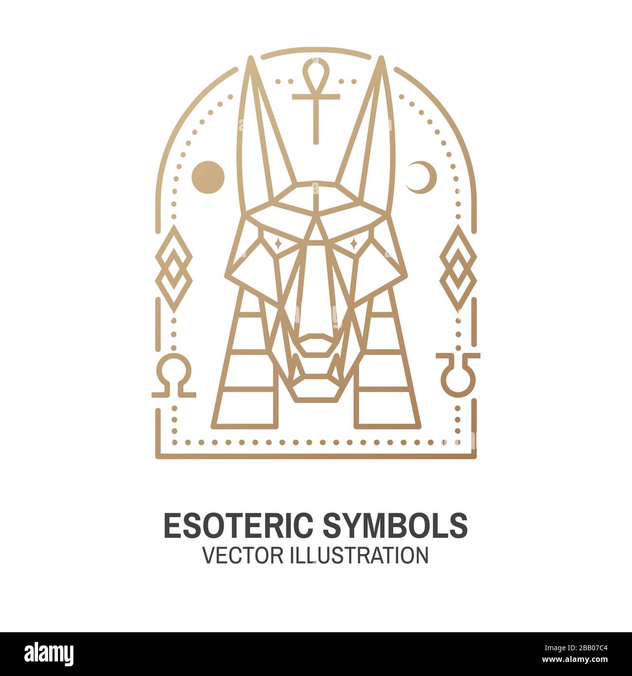 Simboli esoterici. Illustrazione del vettore. Badge geometrico a linea sottile. Icona di contorno per alchimia o geometria sacra. Design mistico e magico con dio egiziano Anubis, stelle, luna, sole, pianeti e segno magico Illustrazione Vettoriale