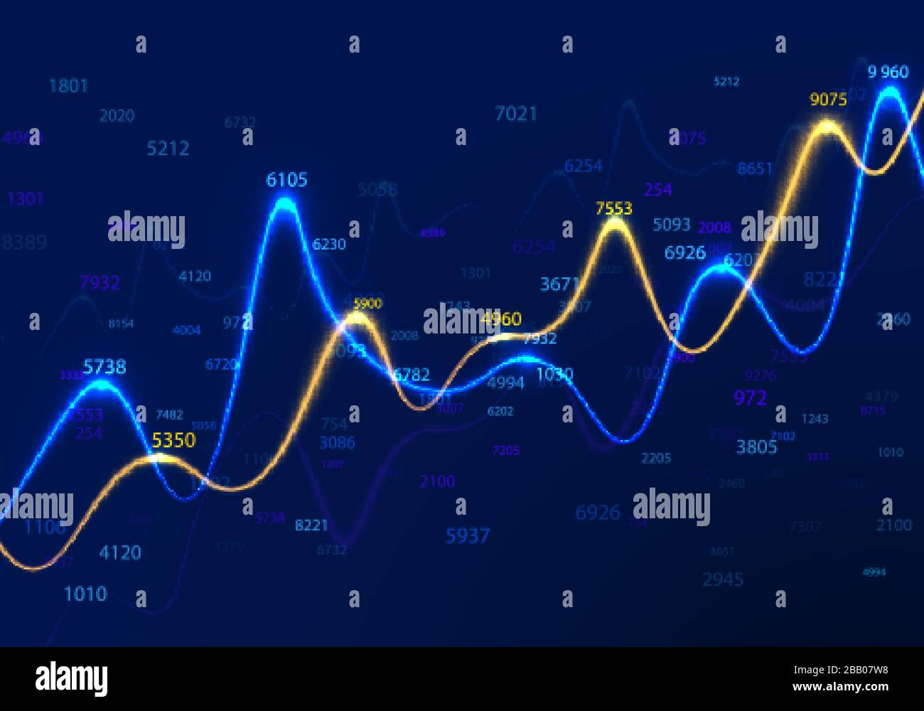 Diagrammi di business e grafici su sfondo blu con numeri casuali. Dati statistici e ricerca commerciale. Relazione finanziaria e schemi economici. INF Illustrazione Vettoriale