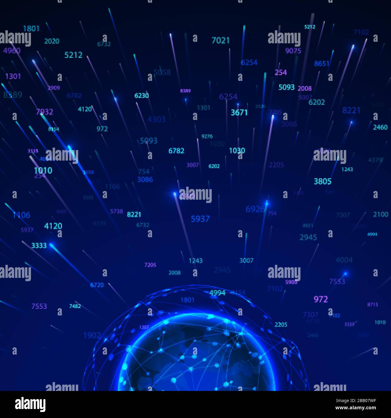 Concetto di big data. Numeri casuali e flussi di dati intorno alla rete globale. Tecnologia futuristica di base. Illustrazione del vettore Illustrazione Vettoriale