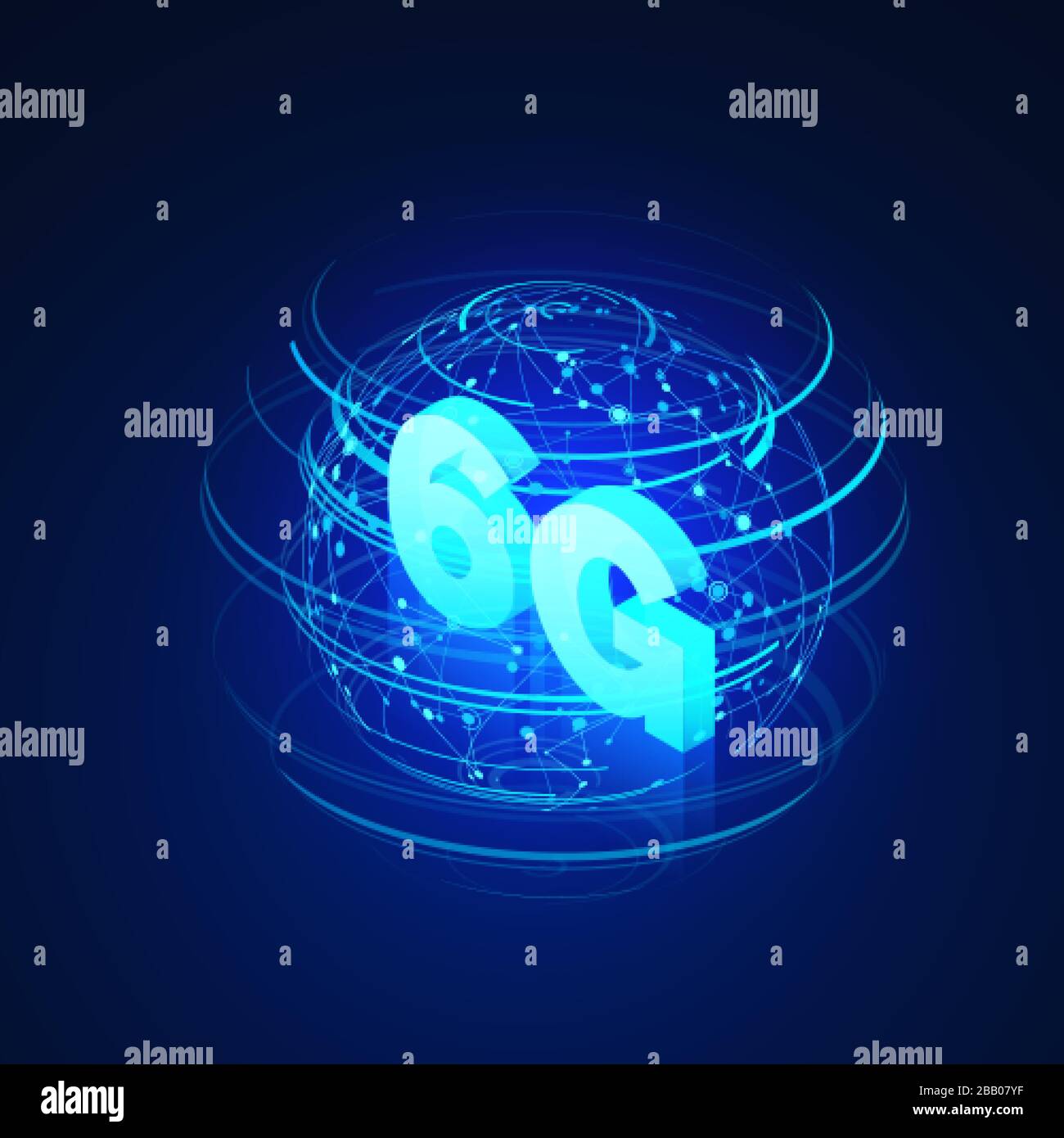 Reti mobili globali 6G ad alta velocità. Immagine isometrica aziendale ologramma di rete globale e testo 6g. Moderna tecnologia di trasferimento dati. Wireless w Illustrazione Vettoriale